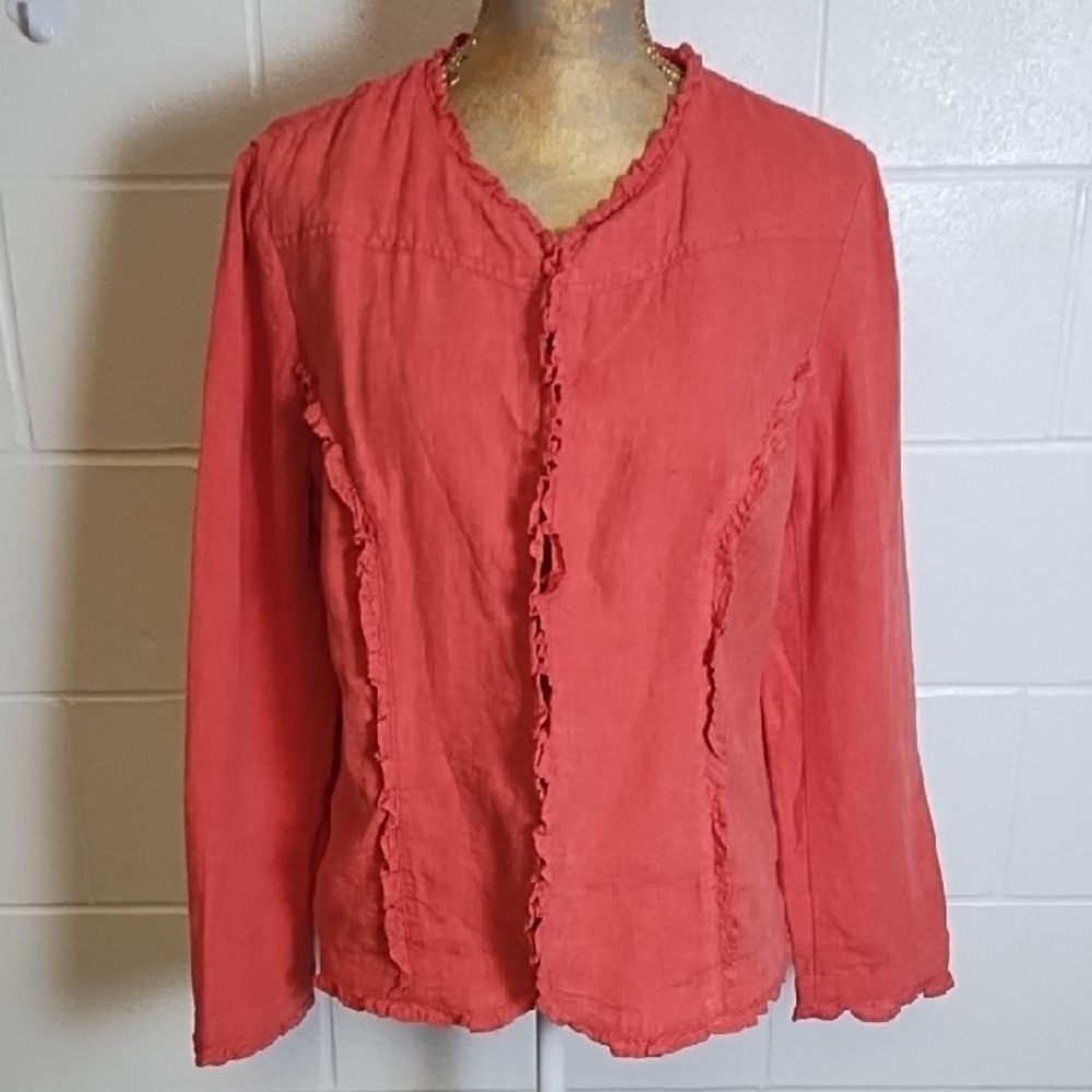 Lagenlook 100% Linen Coral Orange Ruffled Trim Jacket Top